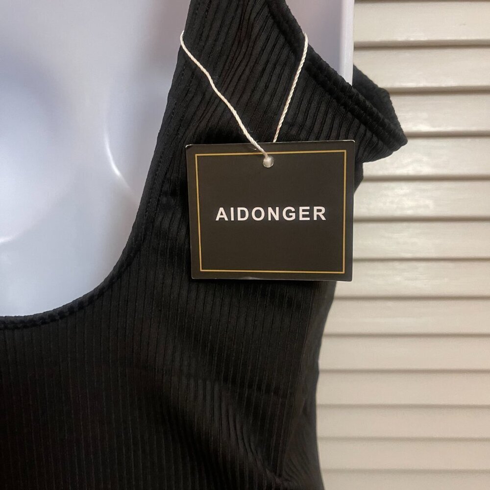 AIDONGER Black Ribbed Ruched One Piece Swimsuit NWT L - Picture 3 of 10